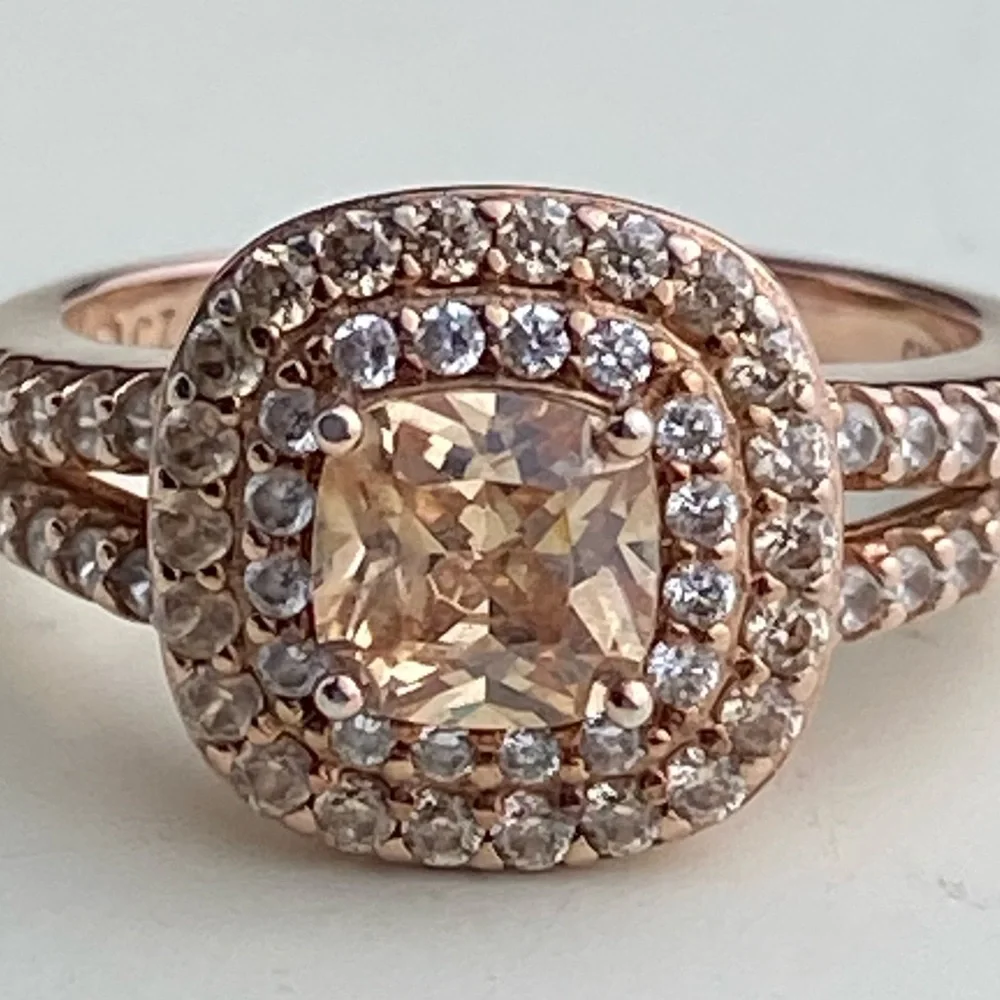 14K Rose Gold Plated Sterling Cushion Cut Champaign Cubic Zirconia Double Halo